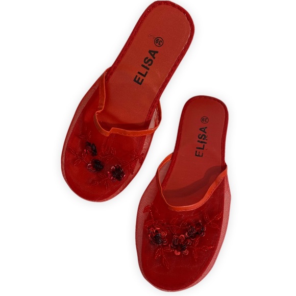 Vintage Sequin Mesh Slides Chinese Beaded Slippers with Floral Embellishments - Picture 7 of 7
